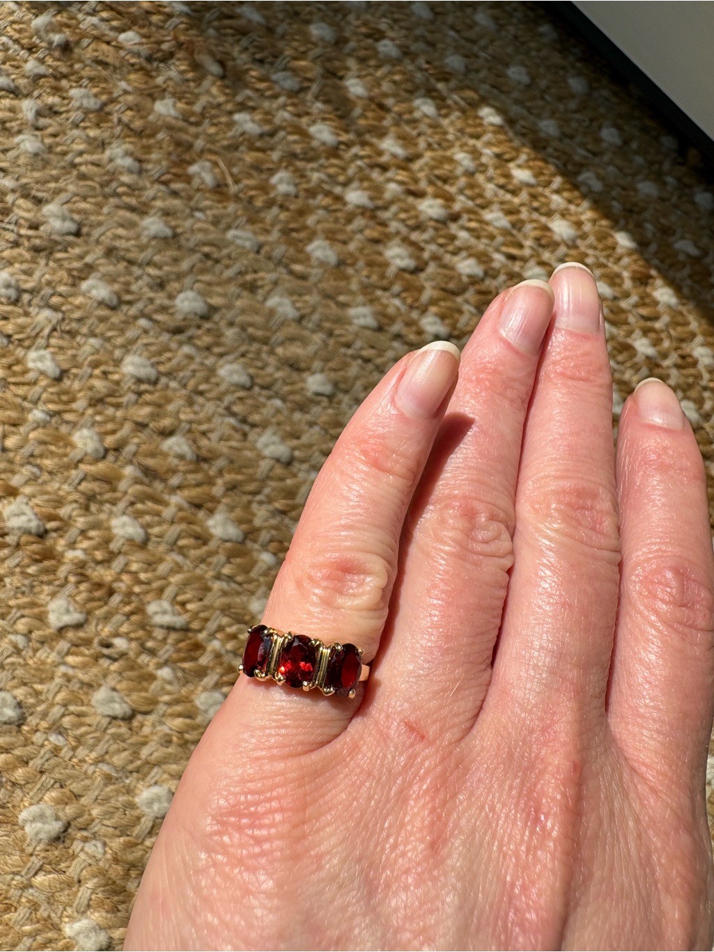 10k Gold Triple Garnet Band Ring With Deep Red Gemstones - Women's Fashion Ring